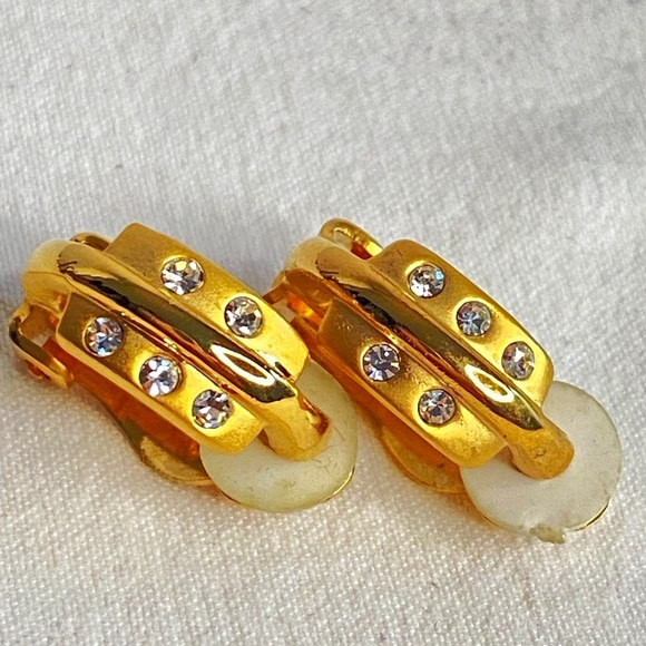 Dainty Earrings Rhinestone Studded Gold Tone Clip On - Picture 1 of 6